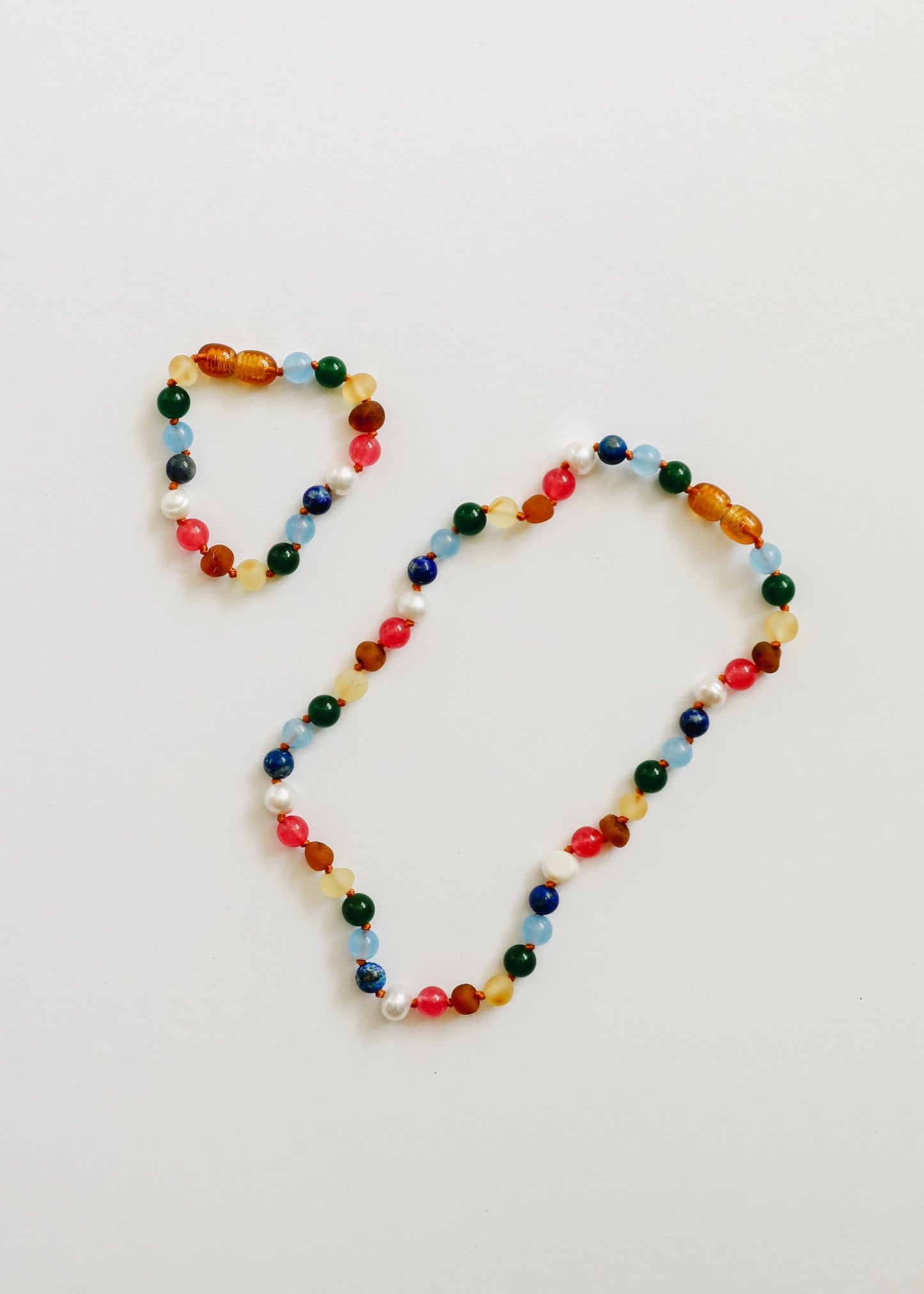 Raw Baltic Amber and Pearl Necklace + Bright Pink Gemstones