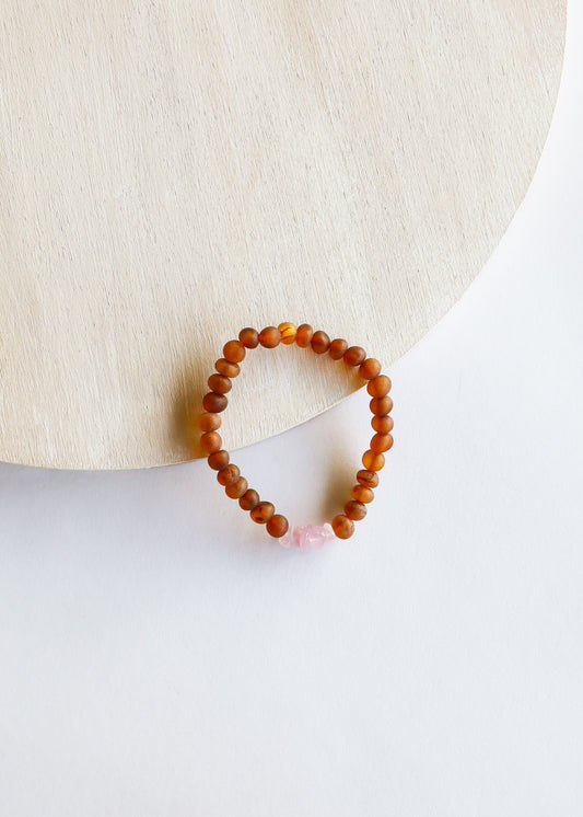 Raw Cognac Baltic Amber + Raw Rose Quartz || Adult Bracelet