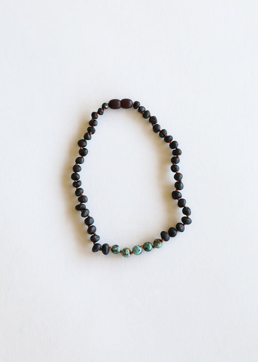 Raw Black Baltic Amber + Turquoise Jasper Necklace