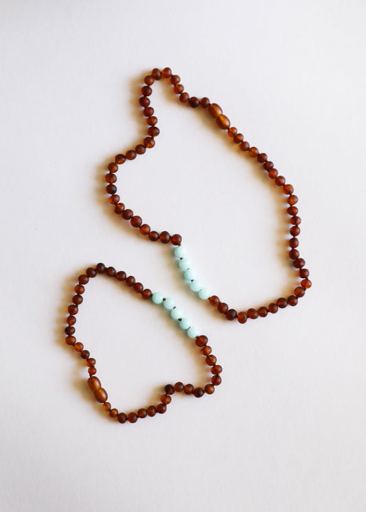 Raw Cognac Baltic Amber + Amazonite || Necklace Set