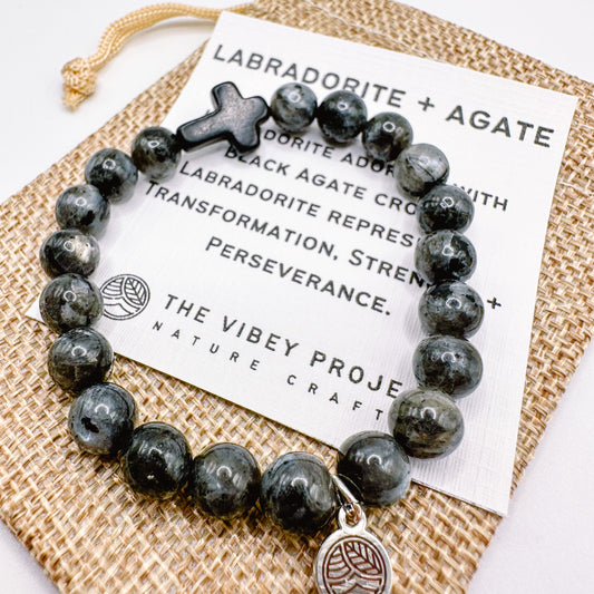 Labradorite + Black Agate - Stretch Cross Bracelet