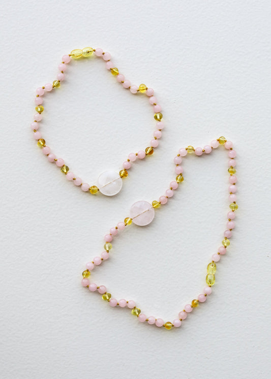 Rose Quartz + Honey Baltic Sea Amber || Rose Quartz Stone Necklace
