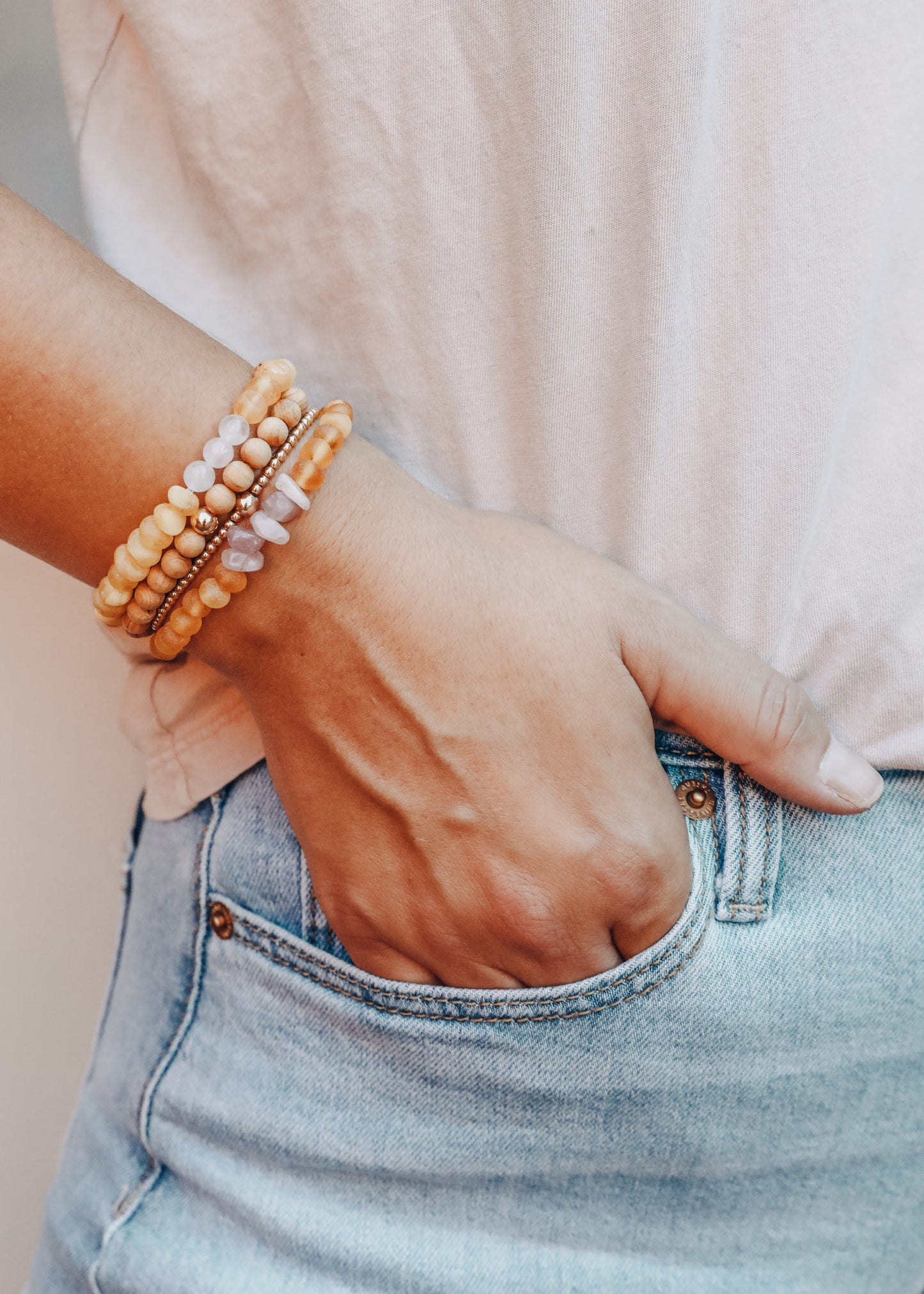 Raw Honey Baltic Amber + Rose Quartz || Adult Bracelet