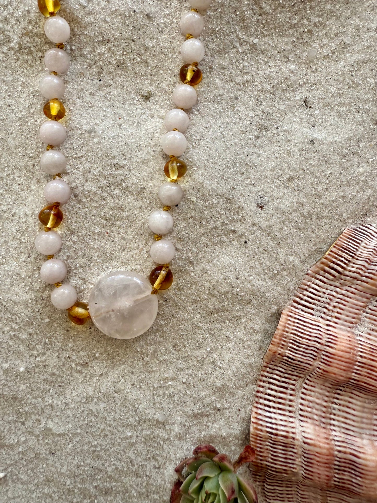 Rose Quartz + Honey Baltic Sea Amber || Rose Quartz Stone Necklace
