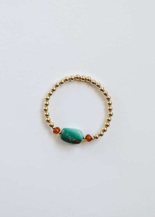 Natural Turquoise + Baltic Amber || 14K Gold Filled || Adult Stretch Bracelet