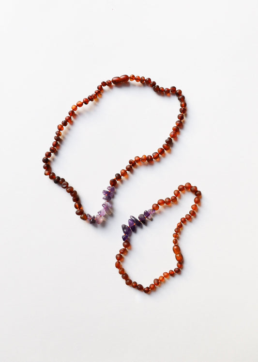 Raw Cognac Baltic Amber + Raw Amethyst || Necklace Set