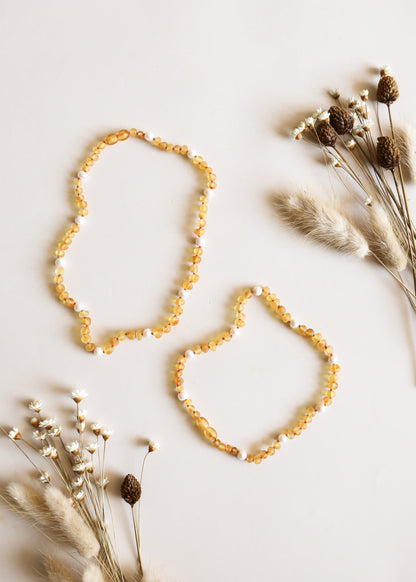 Raw Honey Baltic Amber + Pearl Halo || Necklace Set