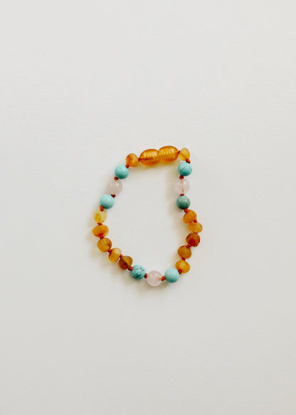Raw Honey Baltic Amber and Natural Turquoise + Rose Quartz || Anklet or Bracelet