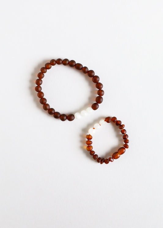 Raw Cognac Baltic Amber + Moonstone || Bracelet Set