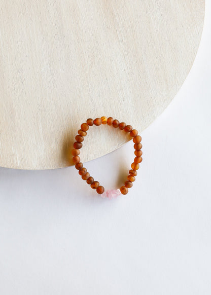 Raw Cognac Baltic Amber + Raw Rose Quartz || Adult Bracelet