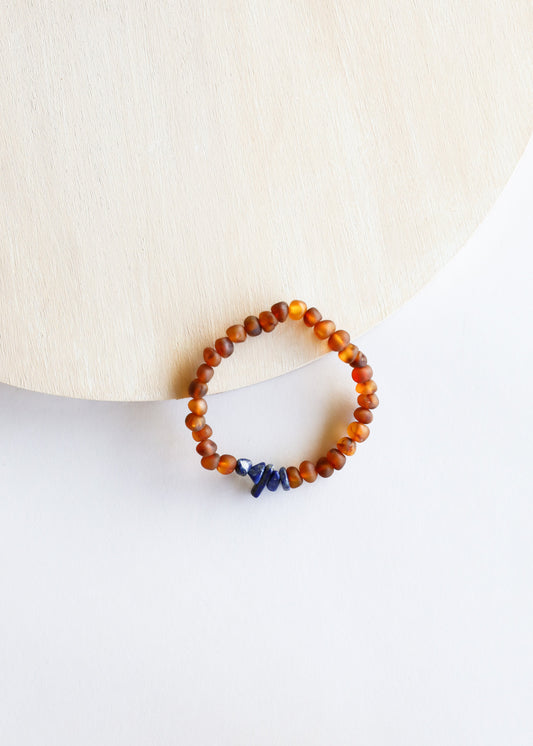 Raw Cognac Baltic Amber + Lapis Lazuli || Adult Stretch Bracelet