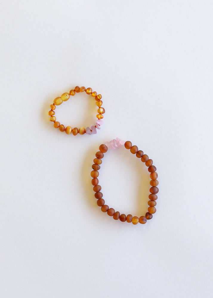 Raw Cognac Baltic Amber + Raw Rose Quartz || Bracelet Set