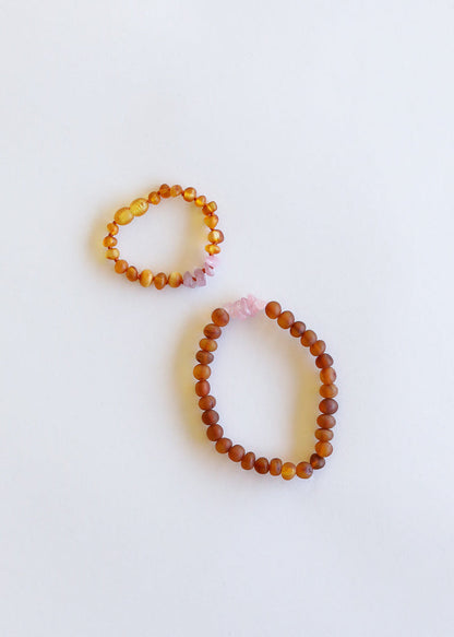 Raw Cognac Baltic Amber + Raw Rose Quartz || Bracelet Set
