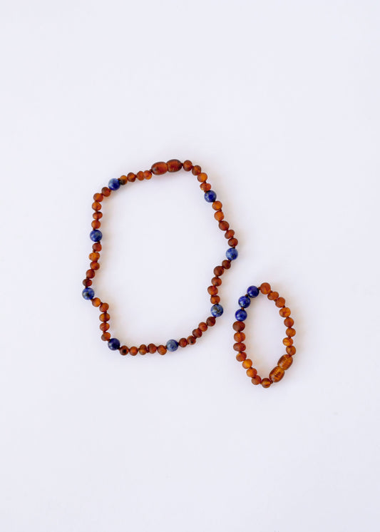 Raw Cognac Baltic Amber + Lapis Lazuli || Halo Necklace || Kids Set