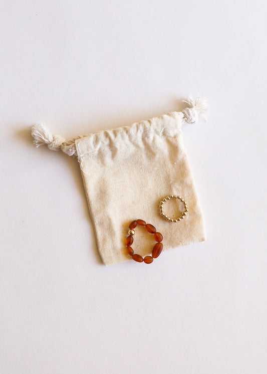 Raw Cognac Baltic Amber + 14K Gold Filled Beaded Ring Stack