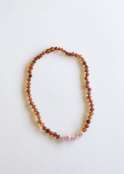 Raw Cognac Baltic Amber + Raw Rose Quartz || Necklace Set