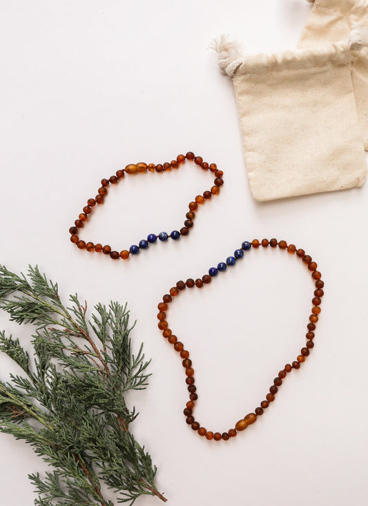 Raw Cognac Baltic Amber + Lapis || Necklace Set