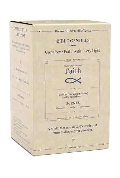 Faith Bible Candle - Mahogany, Vanilla & Sandalwood Scent with Hidden Verses