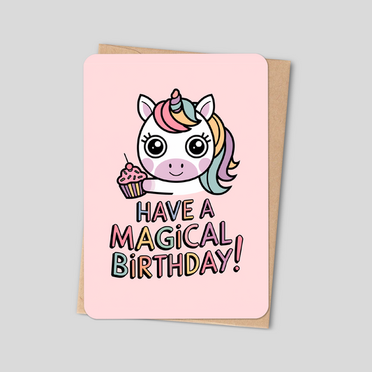 Magical Birthday Card with Cute Unicorn & Pastel Cupcake - Kawaii Greeting Card