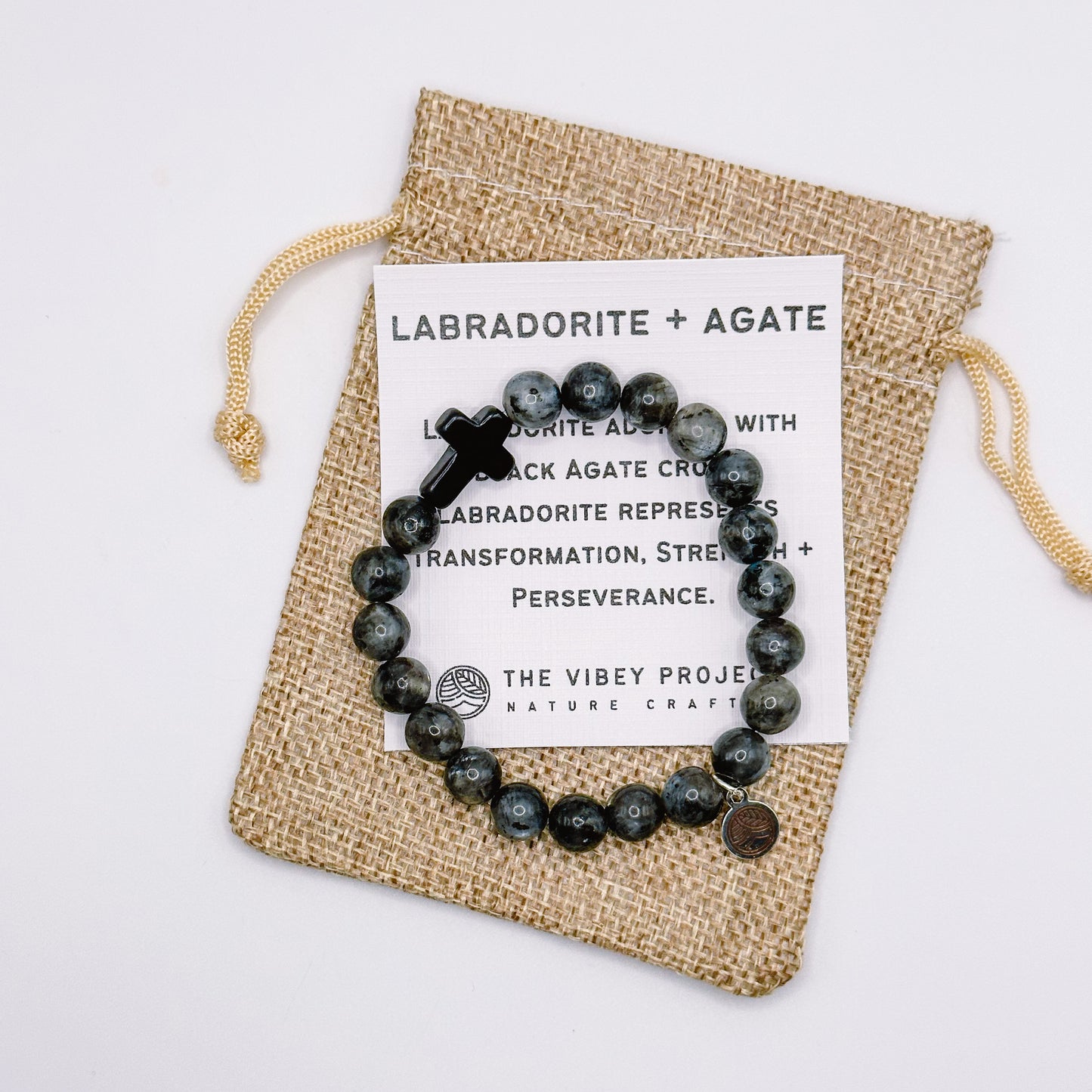 Labradorite + Black Agate - Stretch Cross Bracelet