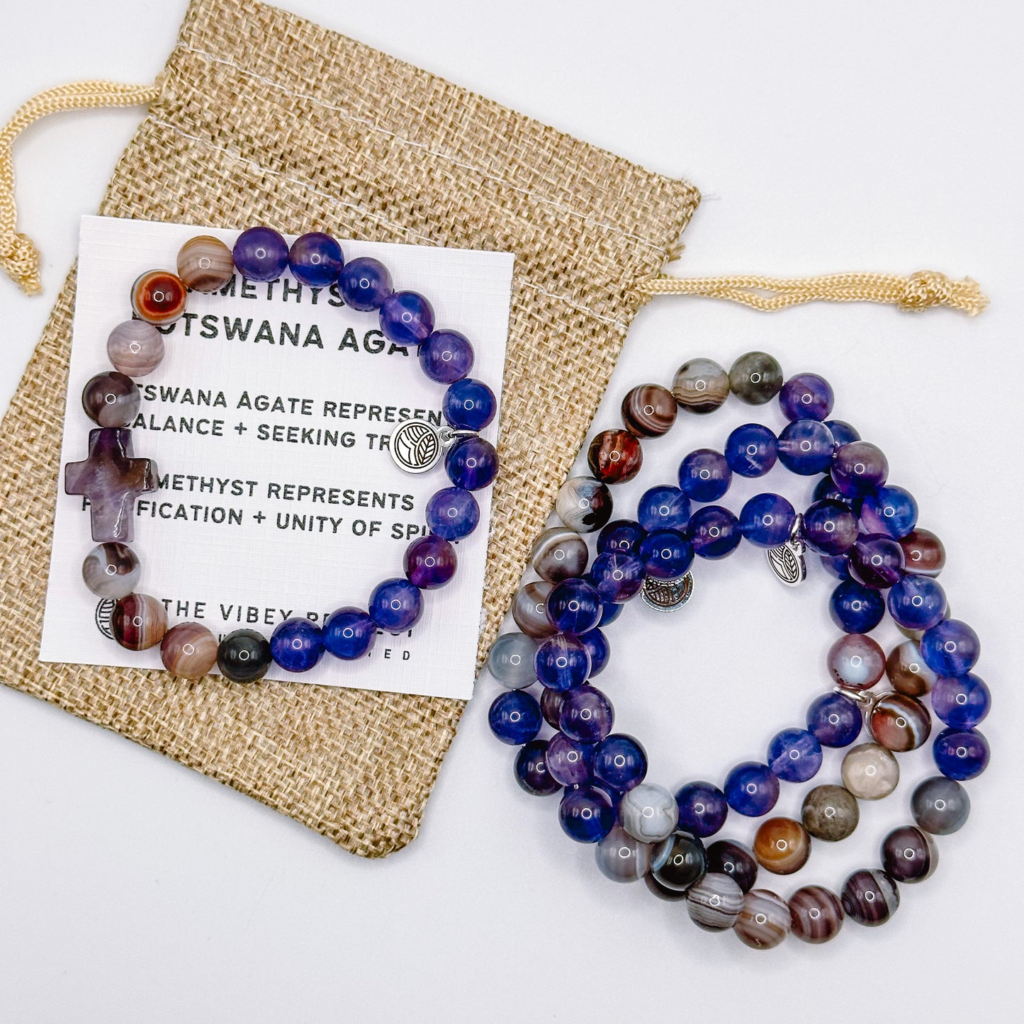 Botswana Agate + Amethyst - Stretch Cross Bracelet