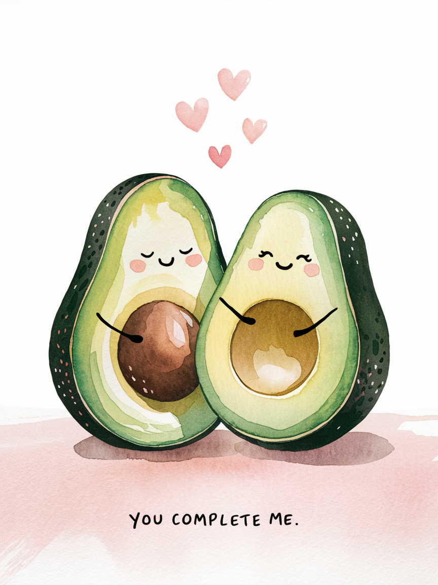 You Complete Me – Cute Kawaii Avocado Hug Greeting Card
