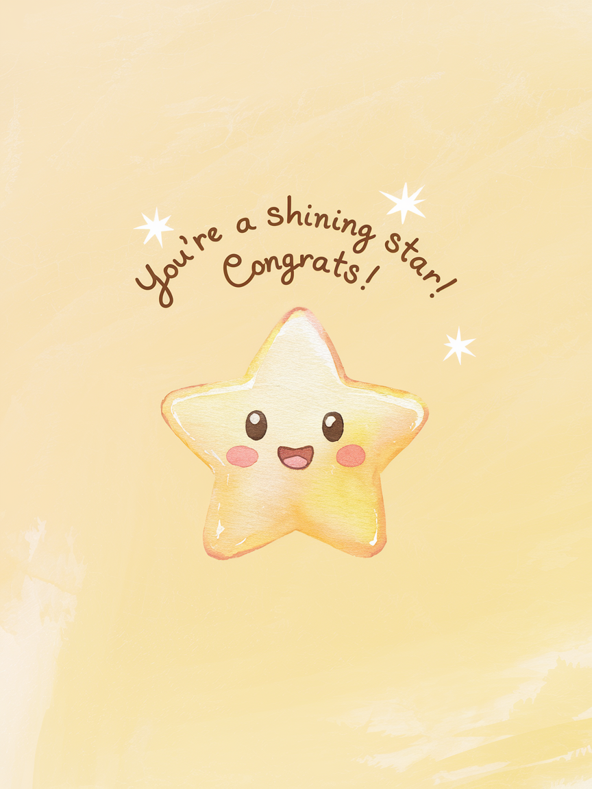 "You’re a Shining Star" Kawaii Congrats Card - Minimalist Watercolor Design