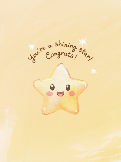 "You’re a Shining Star" Kawaii Congrats Card - Minimalist Watercolor Design
