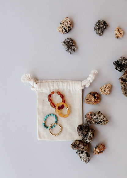 Natural Turquoise + 14k Gold Filled + Honey Amber || Ring Set Trio ||