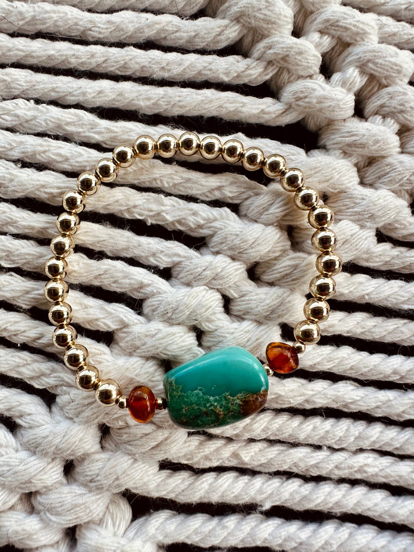 Natural Turquoise + Baltic Amber || 14K Gold Filled || Adult Stretch Bracelet