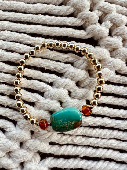 Natural Turquoise + Baltic Amber || 14K Gold Filled || Adult Stretch Bracelet