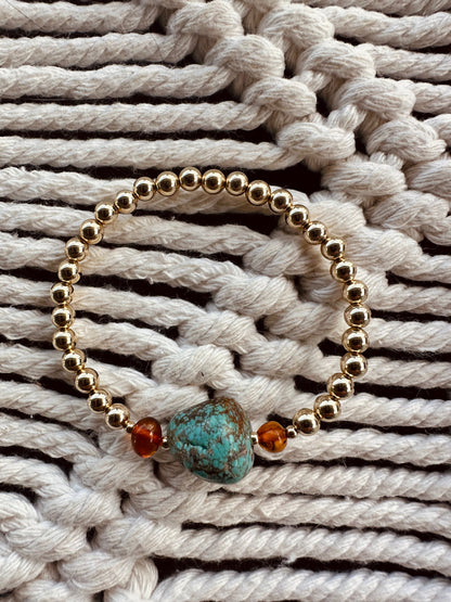 Natural Turquoise + Baltic Amber || 14K Gold Filled || Adult Stretch Bracelet