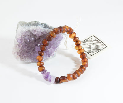 Raw Cognac Baltic Amber + Raw Amethyst || Adult Bracelet