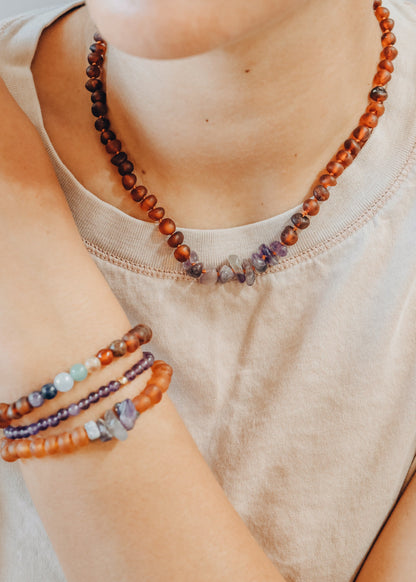 Raw Cognac Baltic Amber + Raw Amethyst || Adult Bracelet