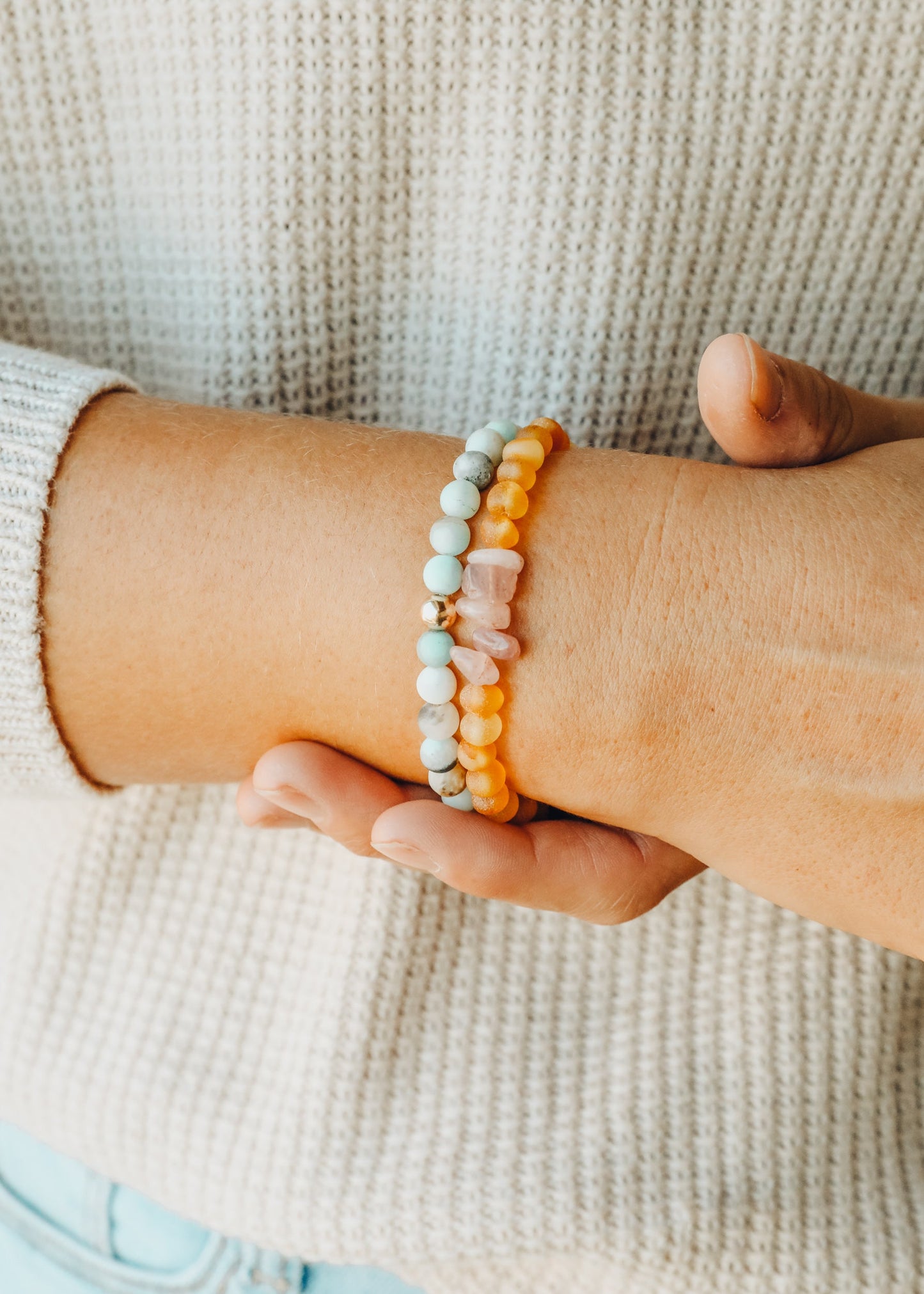 Raw Honey Baltic Amber + Raw Rose Quartz || Adult Bracelet