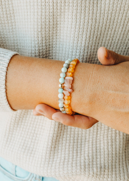 Raw Honey Baltic Amber + Raw Rose Quartz || Adult Bracelet